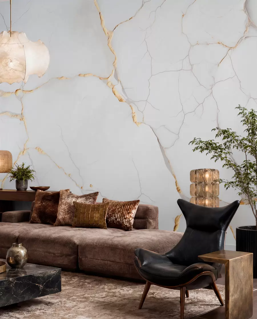 wall murals Imitation of marble with fine cracks and yellow veins w09390