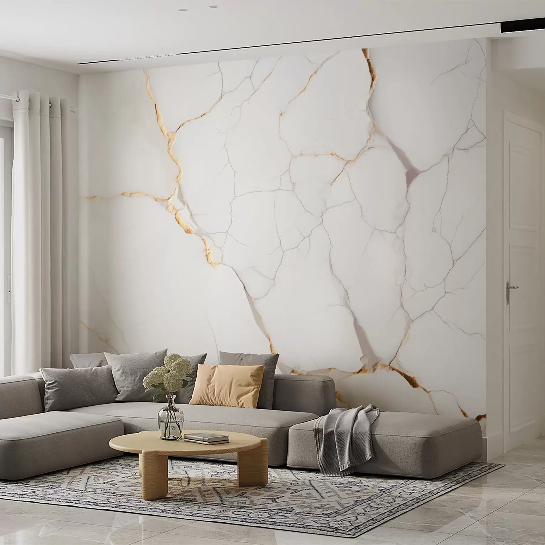peintures murales Imitation du marbre avec de fines fissures et des veines jaunes w09390