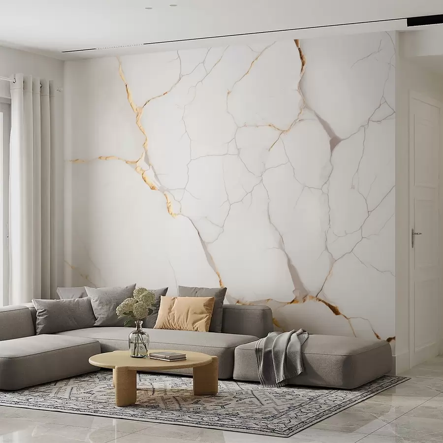 Wall Mural Photo Wallpaper Imitation of marble with fine cracks and yellow veins w09390