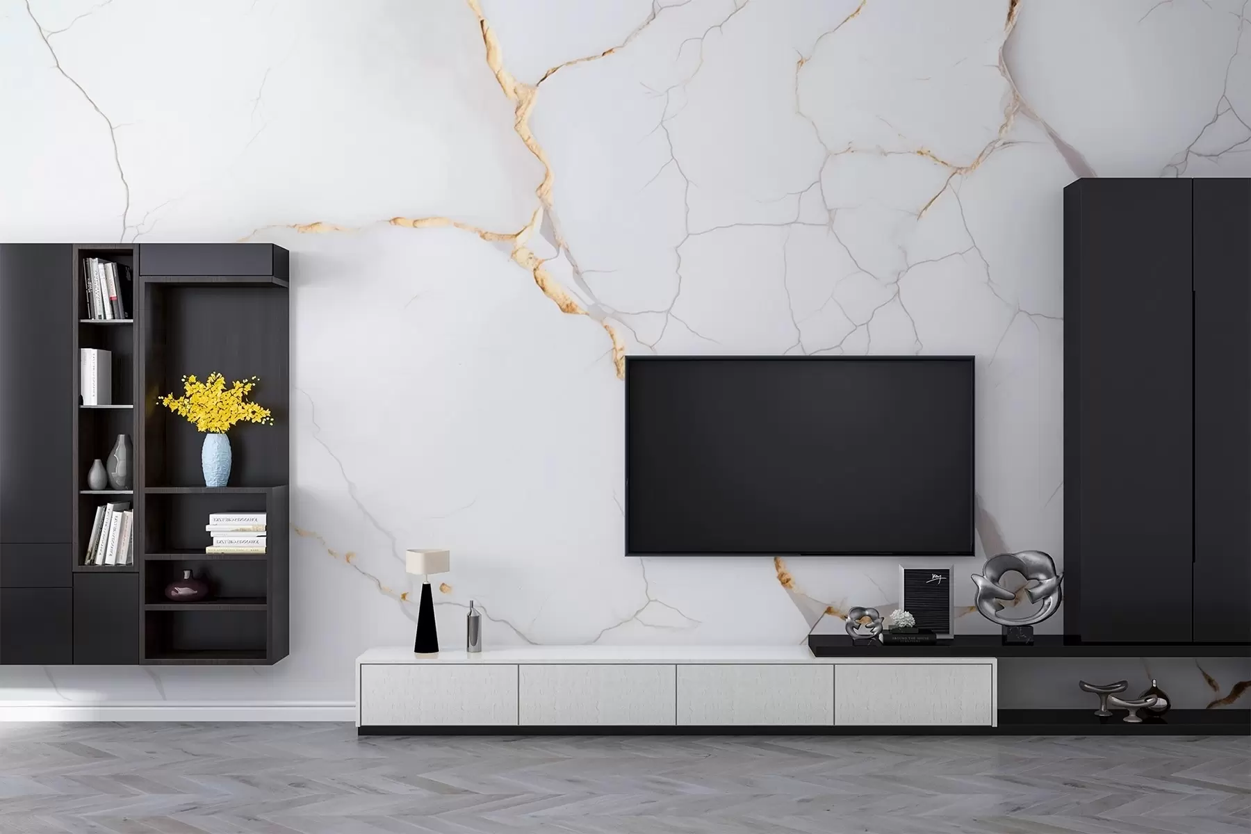 murais de parede Imitação de mármore com fissuras finas e veios amarelos w09390