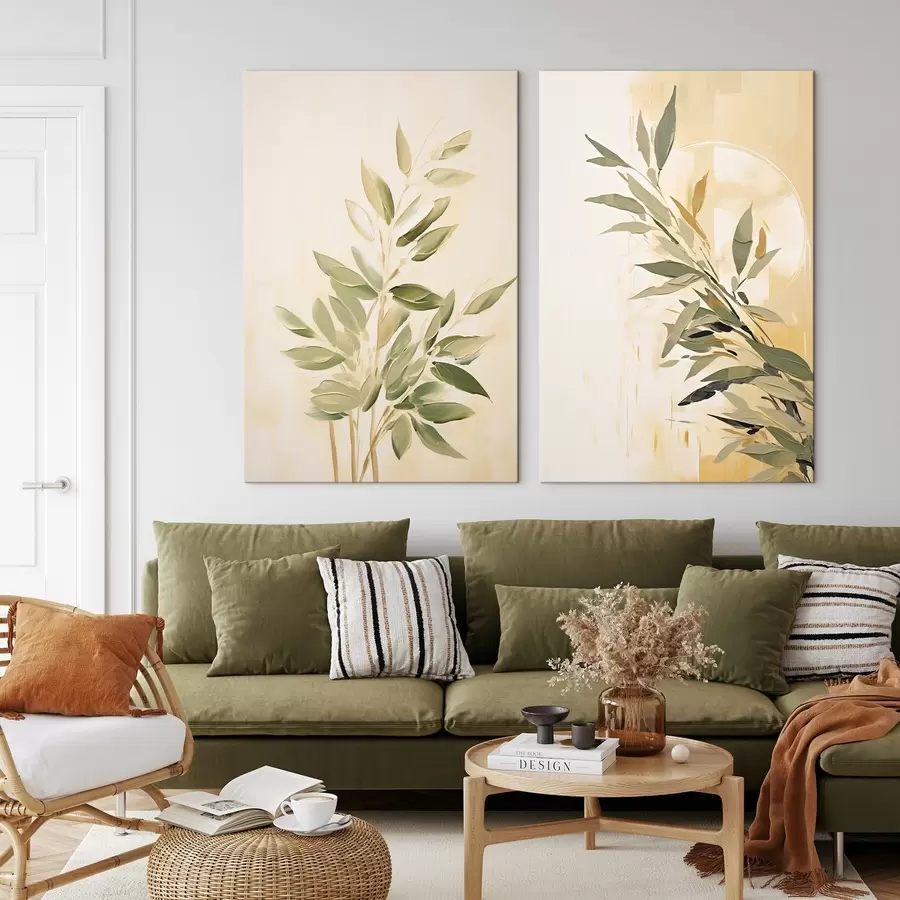 murales Rama botánica con hojas verdes sobre fondo cálido m00686