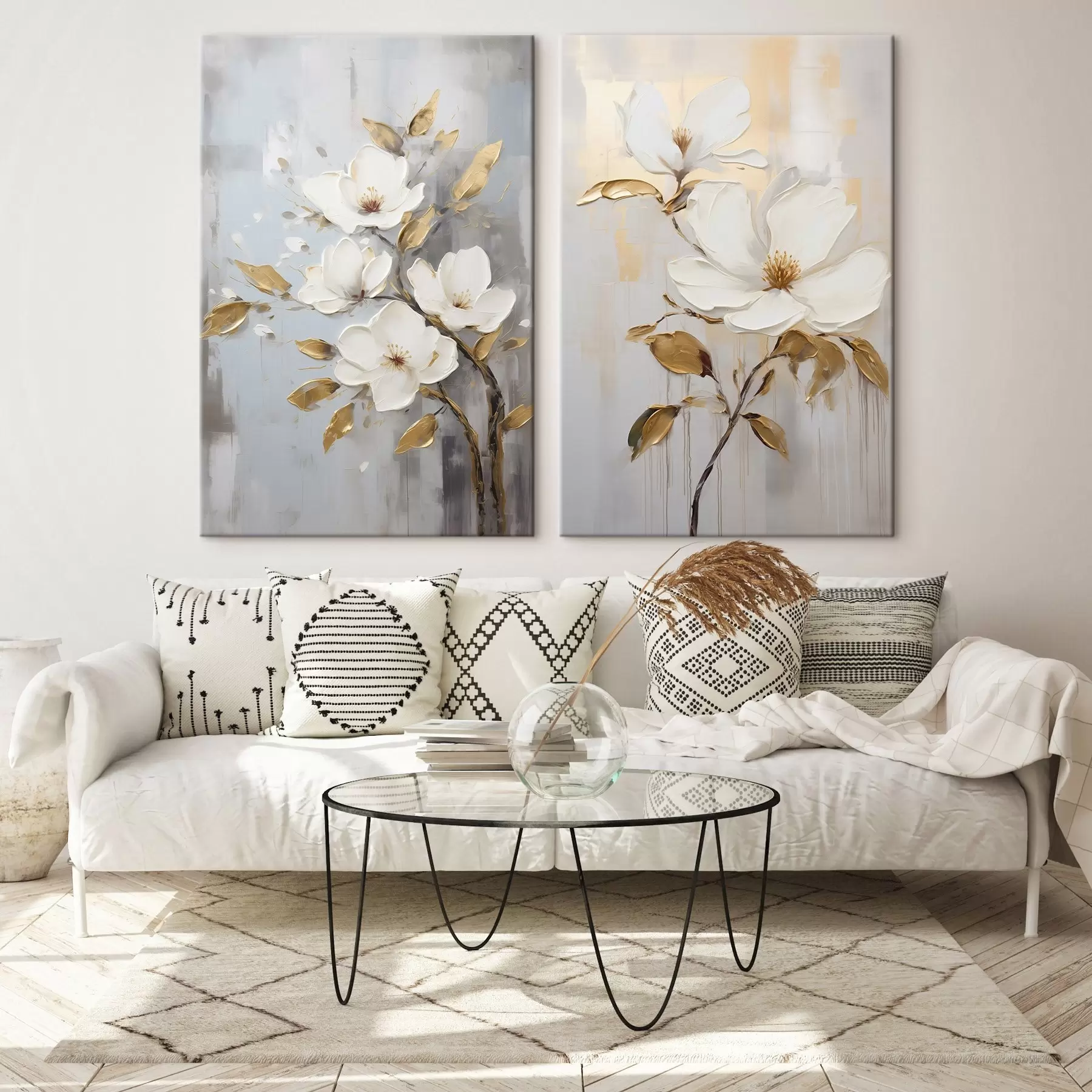 wall murals Two white flowers with yellow-orange leaves on a light background m00687