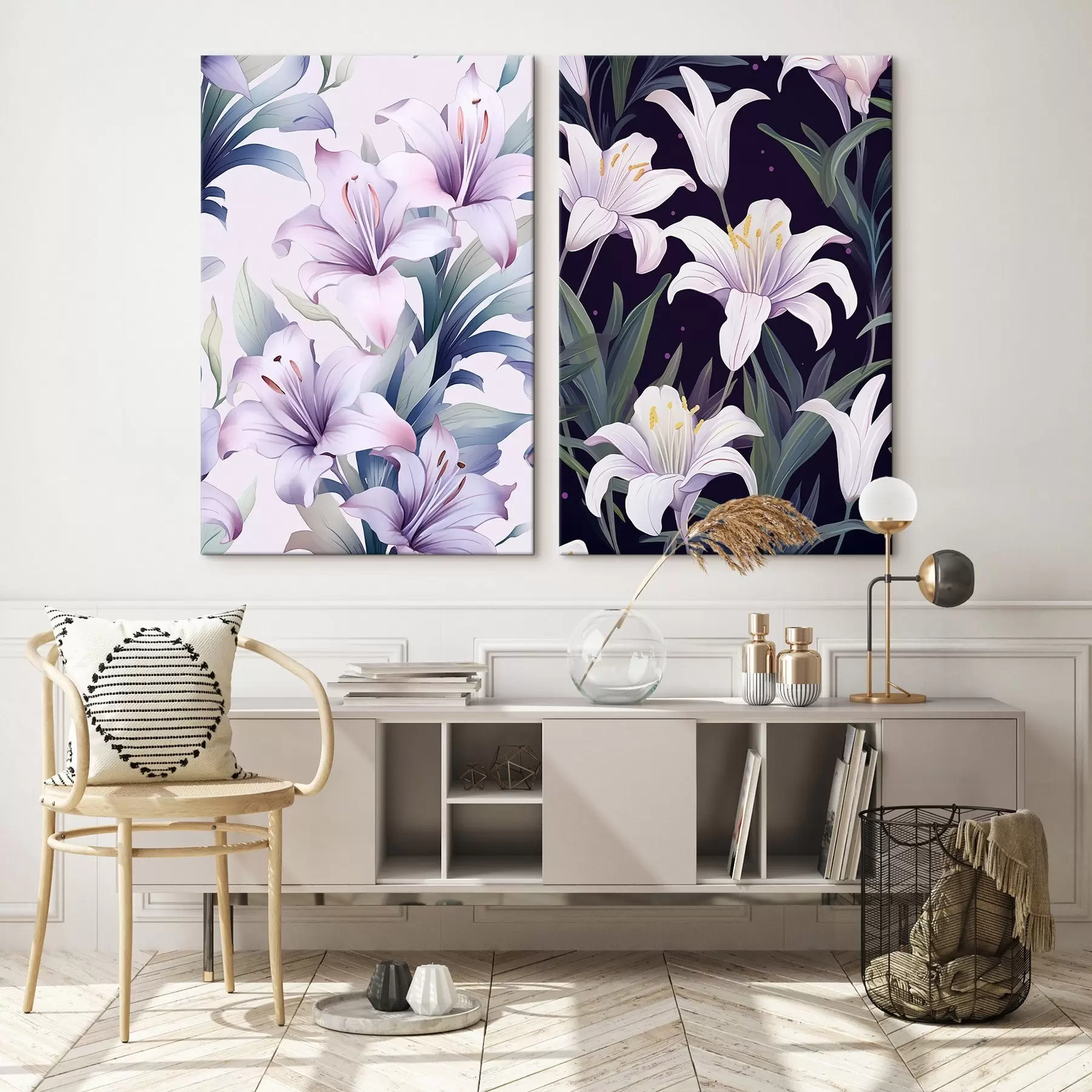 wall murals Delicate pink lilies with green leaves on light and dark background m00689