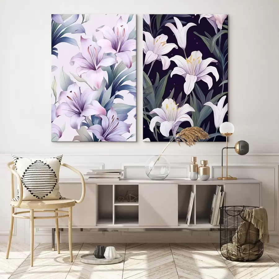 murales Delicados lirios rosas con hojas verdes sobre fondo claro y oscuro m00689