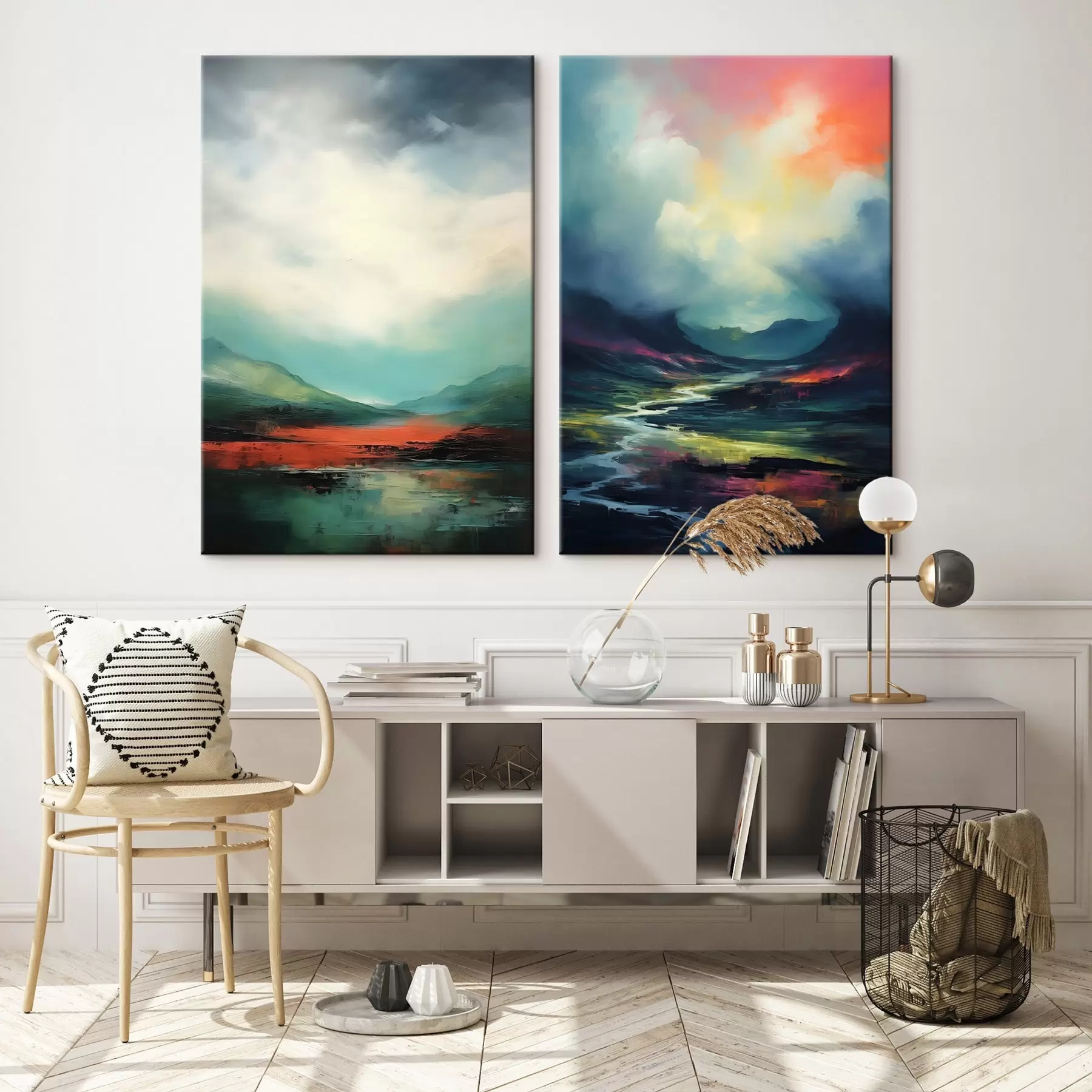 murales Paisaje abstracto con nubes en tonos turquesa y rojo m00691