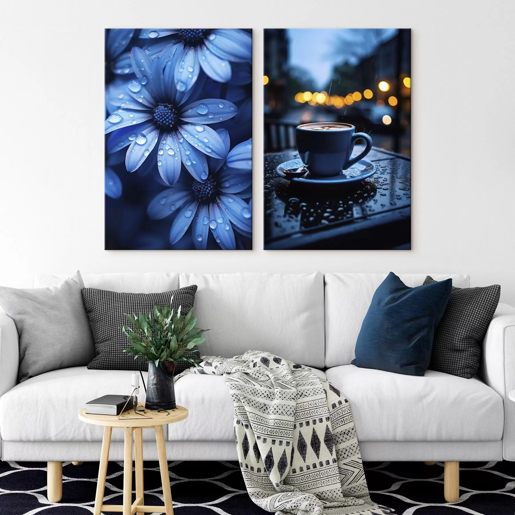 wall murals Blue flowers with water drops and a cup of coffee in the rain m00694