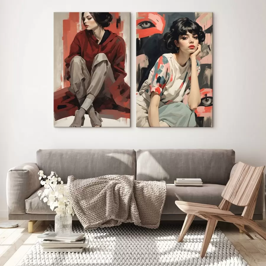 murales Retratos de niñas en rojo y beige estilos abstractos m00695