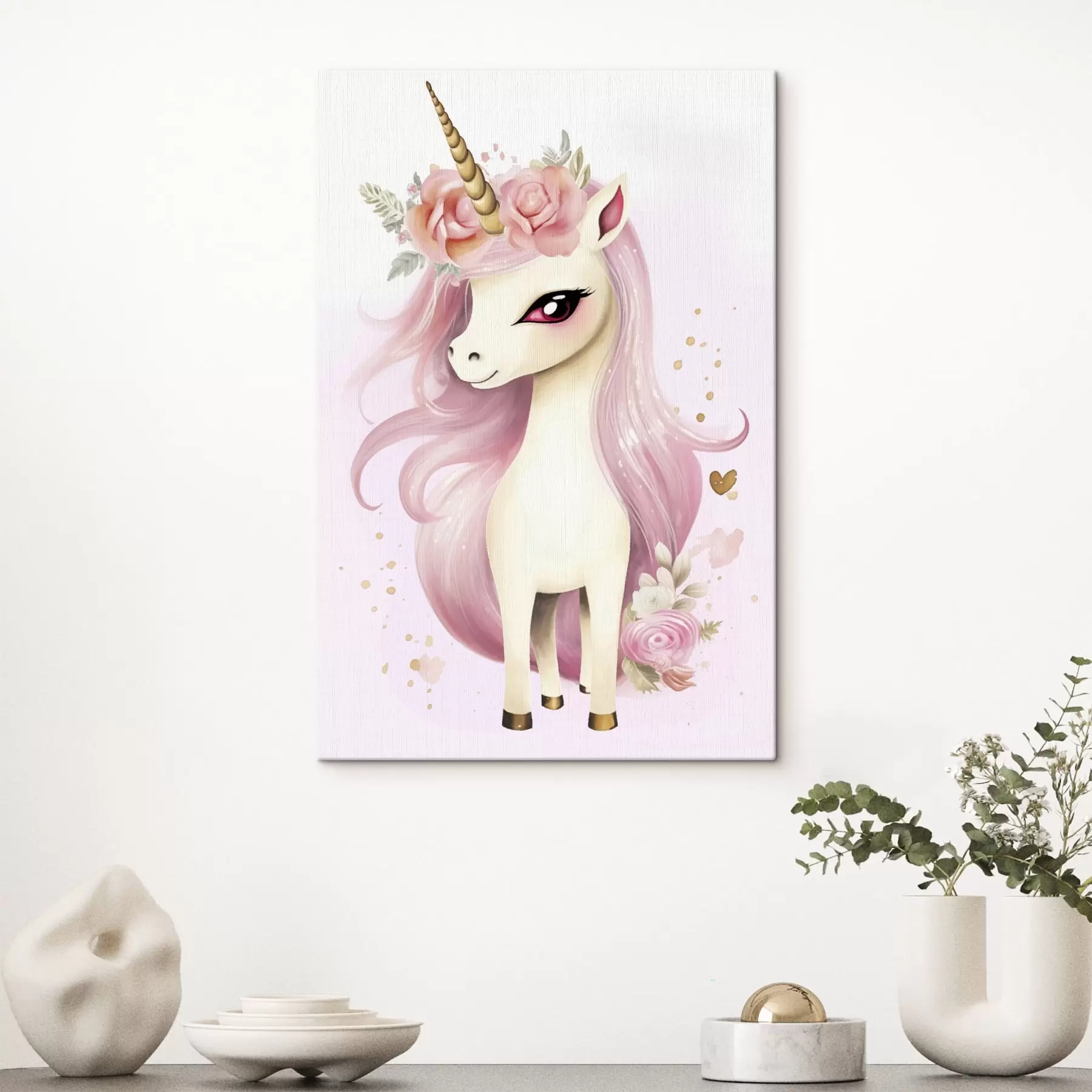 wall murals Unicorn with pink mane and floral wreath s45484