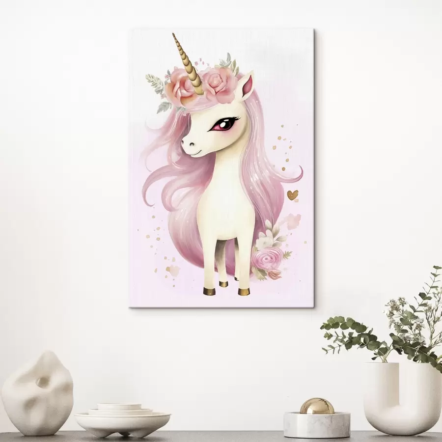 murales Unicornio con crin rosa y corona floral s45484