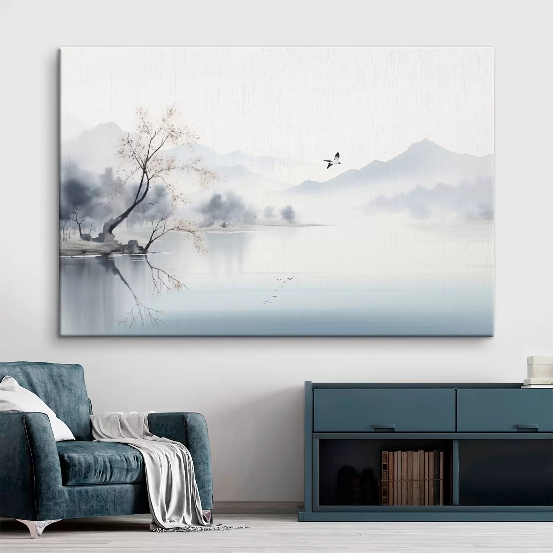 wall murals Foggy landscape with a tree, mountains, and birds s45518