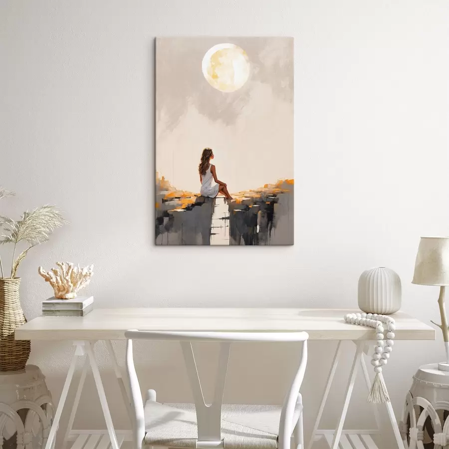 wall murals Girl in a white dress sitting under a large moon s45621