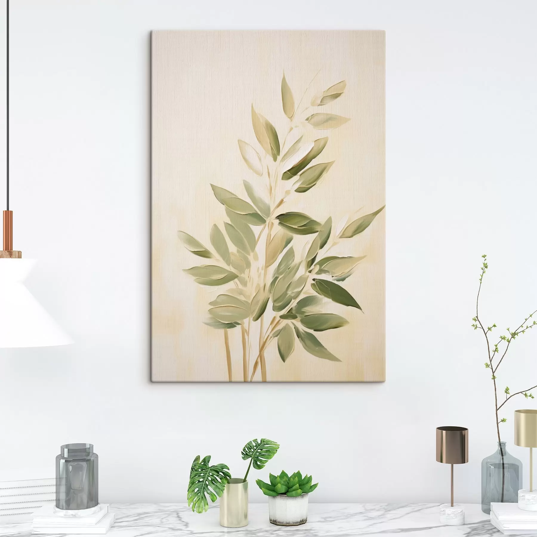 wall murals Branch with green leaves on a light beige background s45689