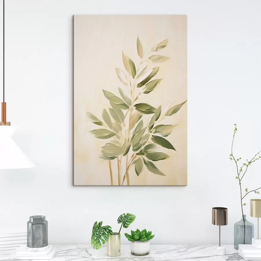 murales Rama con hojas verdes sobre fondo beige claro s45689