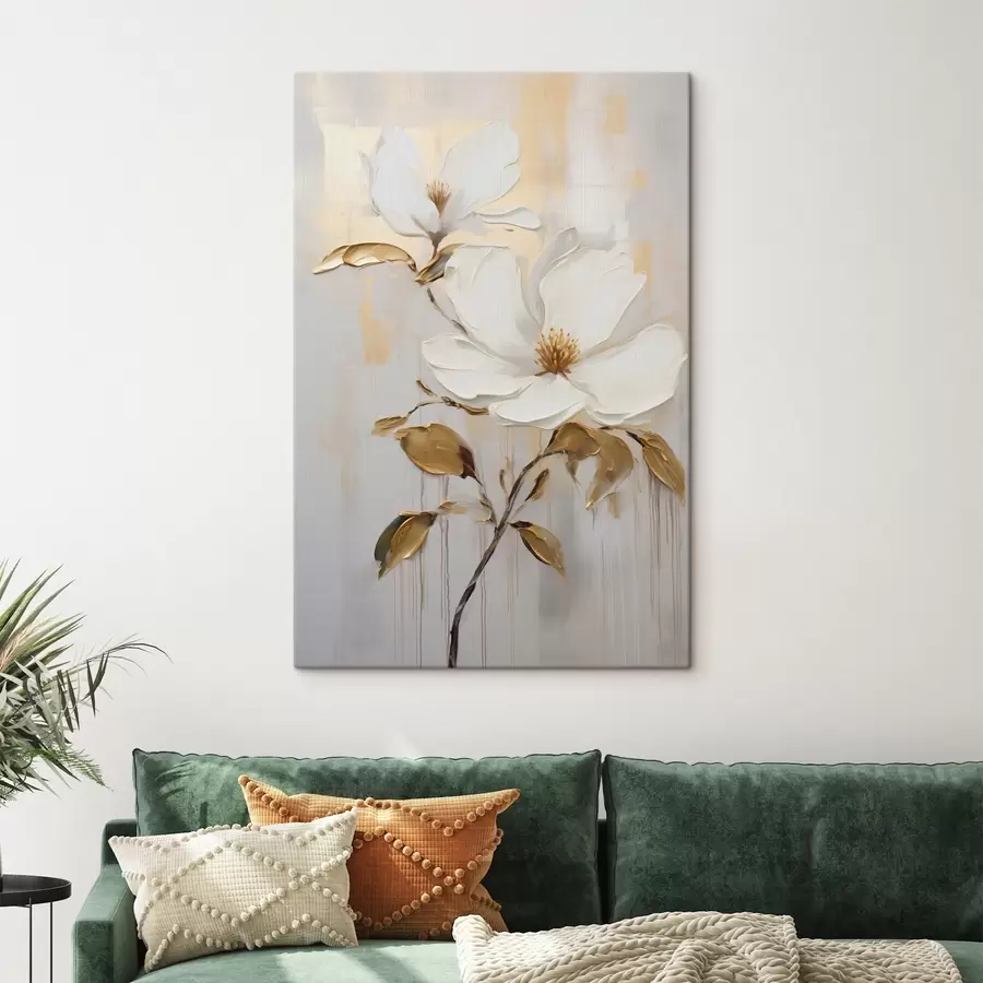 wall murals Two white flowers with yellow-orange leaves on a light background s45691