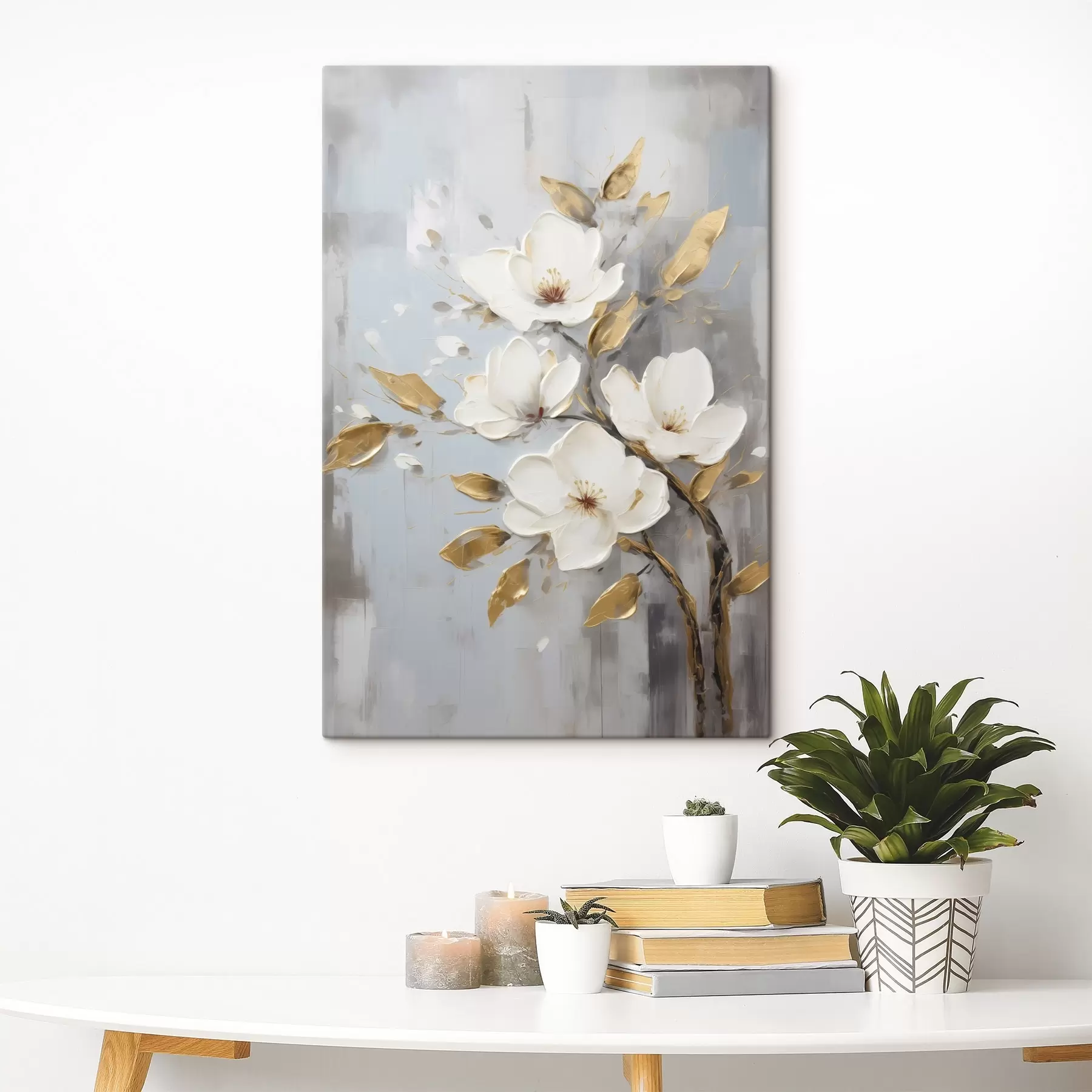 wall murals Branch with white flowers and yellow-orange leaves s45692