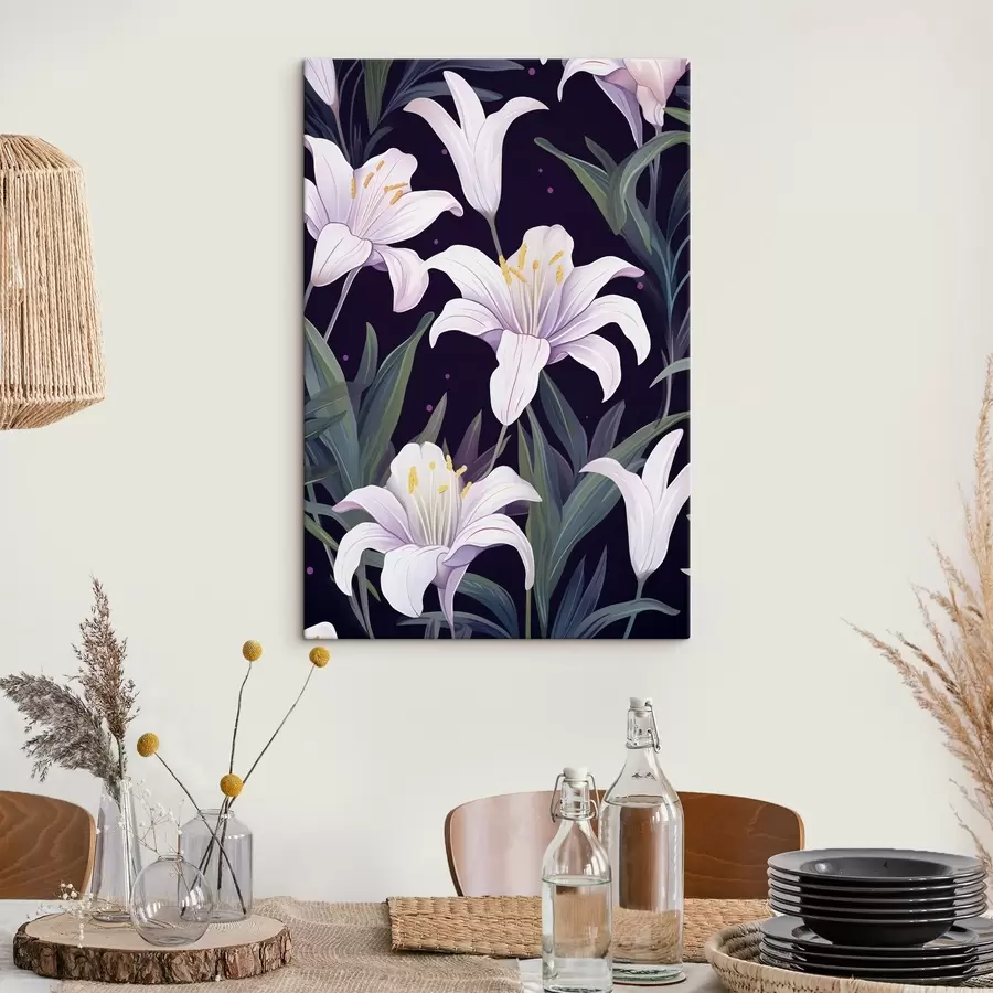 wall murals Delicate lilies on a dark background with green leaves s45697