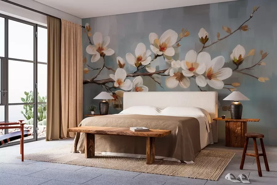 Wall Mural Photo Wallpaper A blossoming branch in the style of oil painting on a blue background w04496