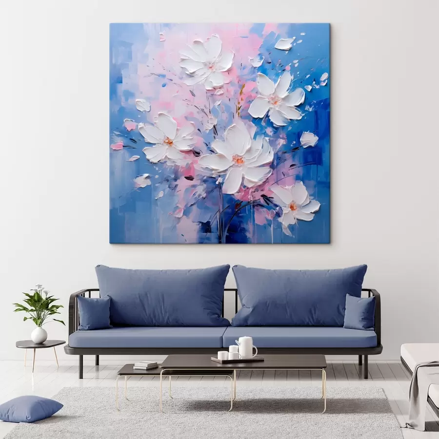 wall murals Volumetric flowers on a blue background in impasto style s45648