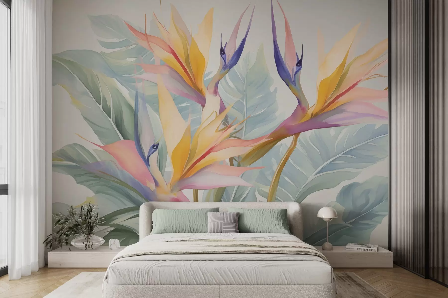 wall murals Strelitzia flowers and leaves w04527