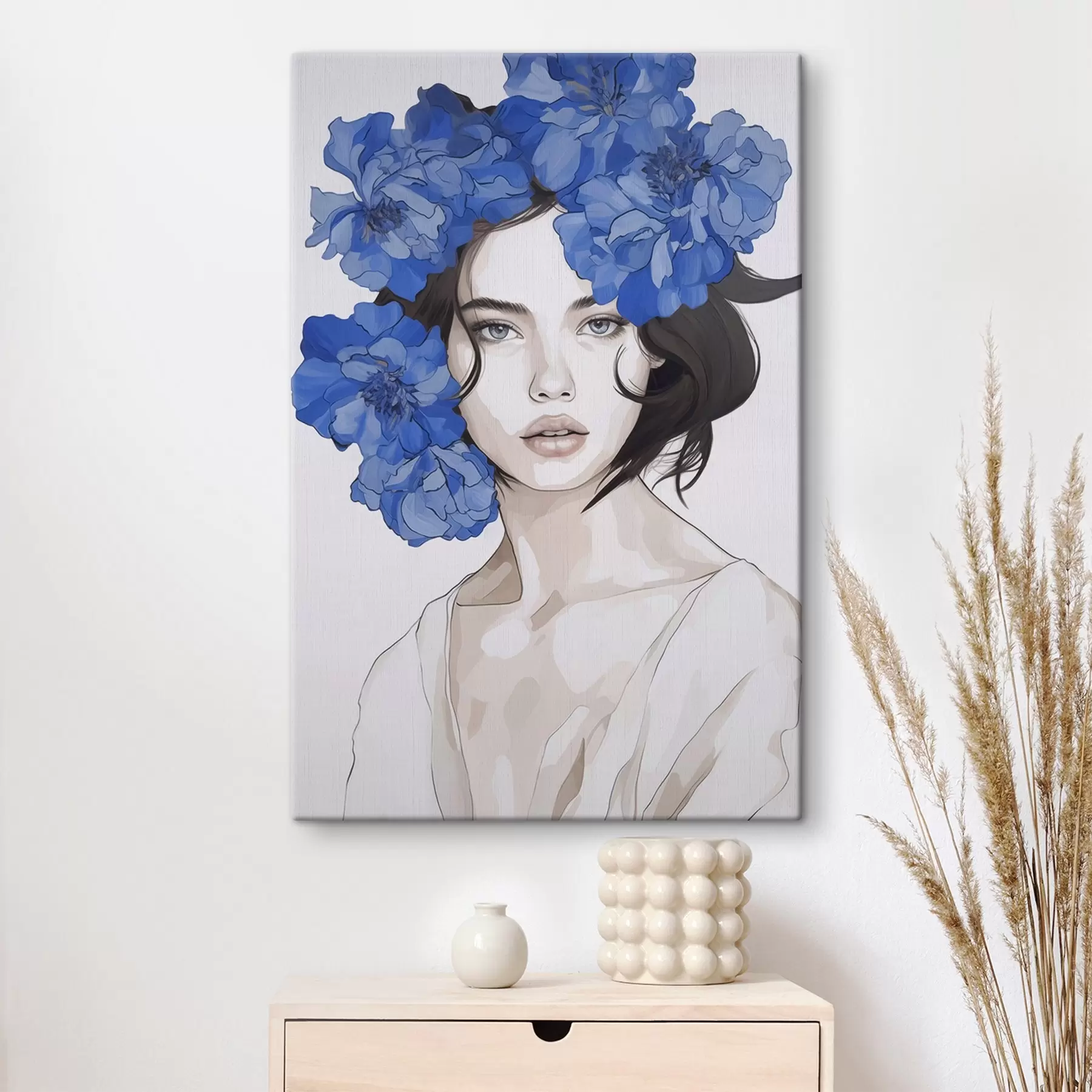 wall murals Portrait of a girl with blue flowers s45756
