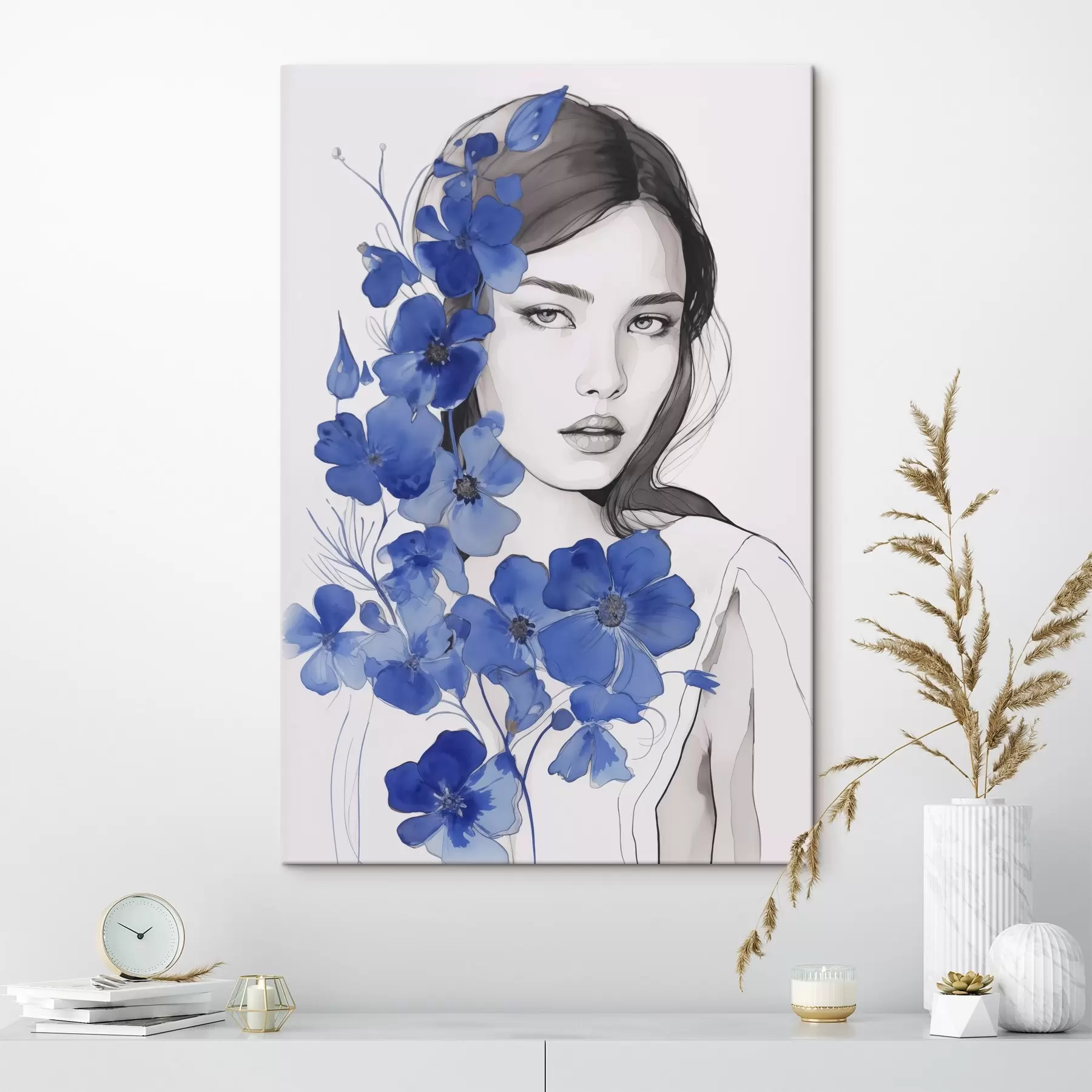 wall murals Girl and blue flowers s45757