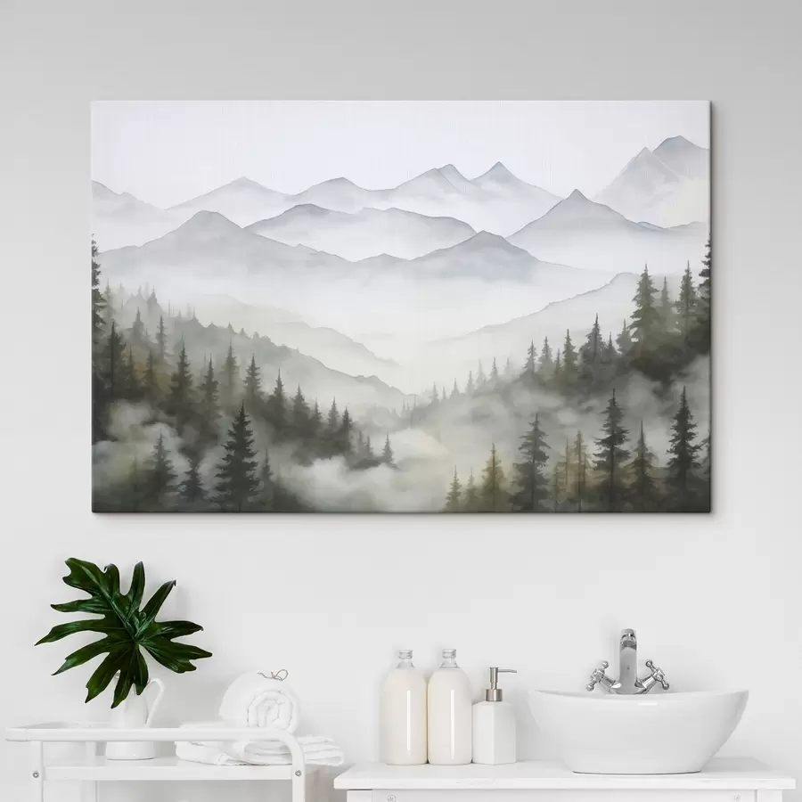 wall murals Forest in the fog in front of the mountains s45774
