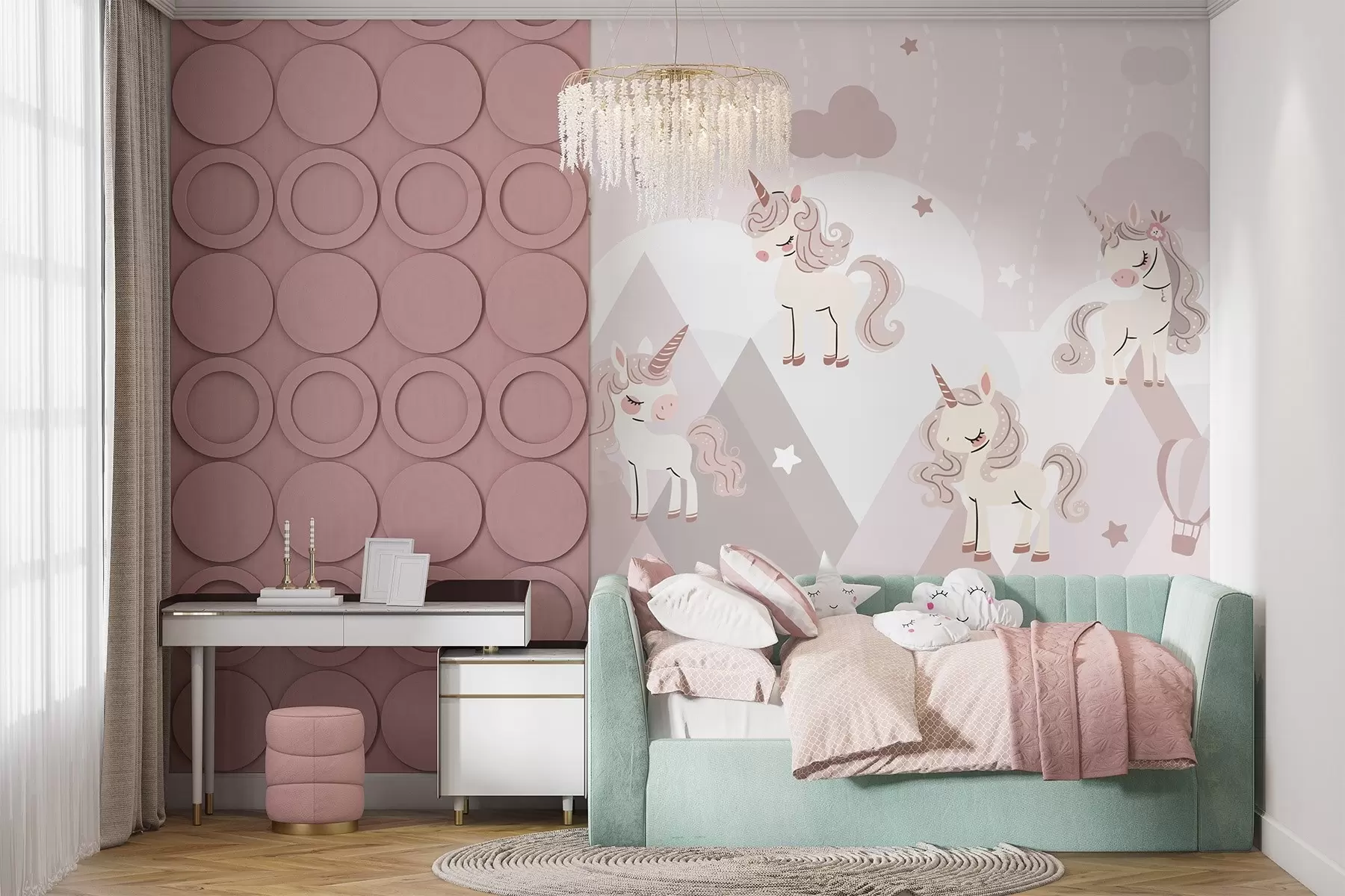 wall murals Unicorns in fairy-tale mountains w04540
