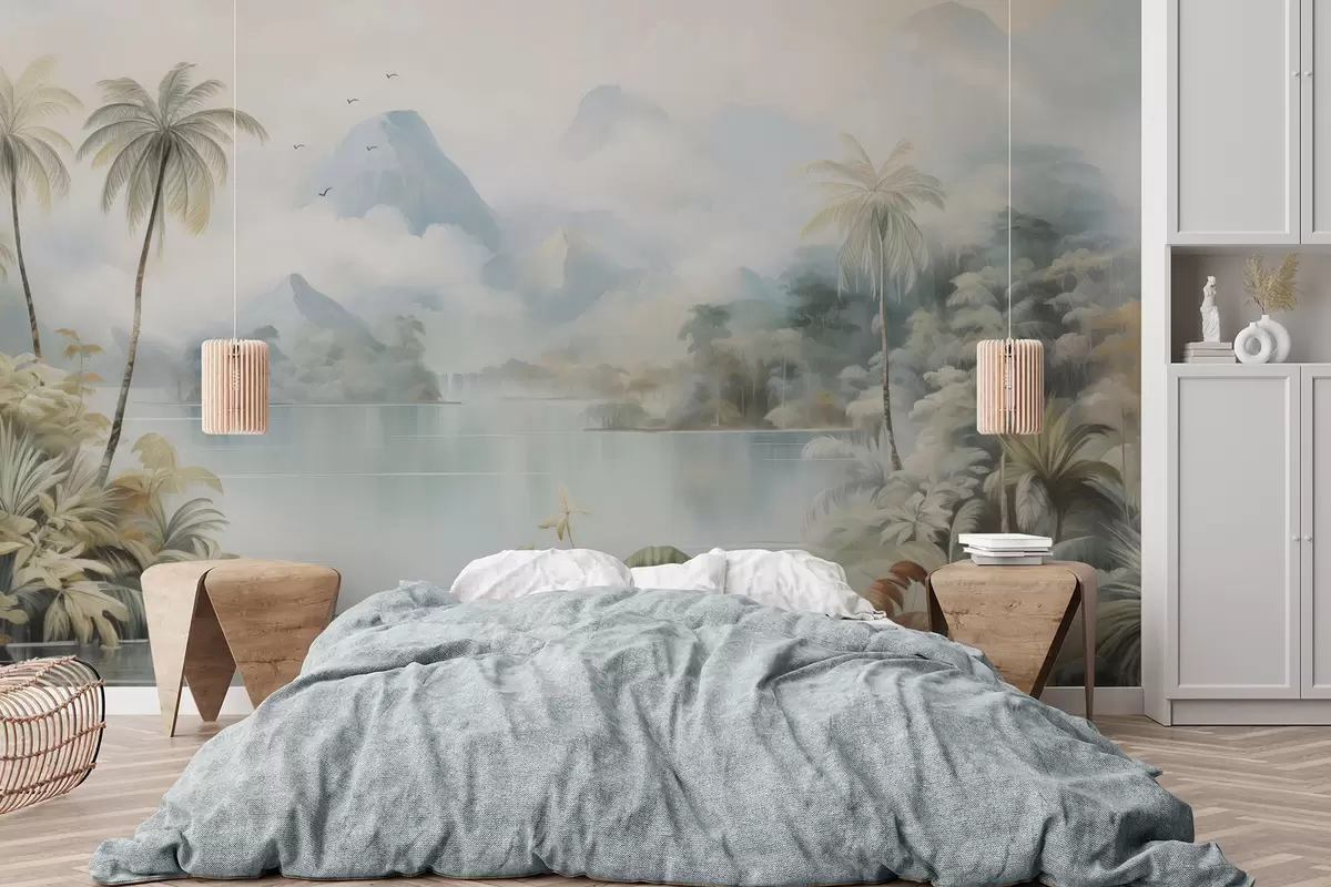 murales Río en la selva cerca de las montañas w04536