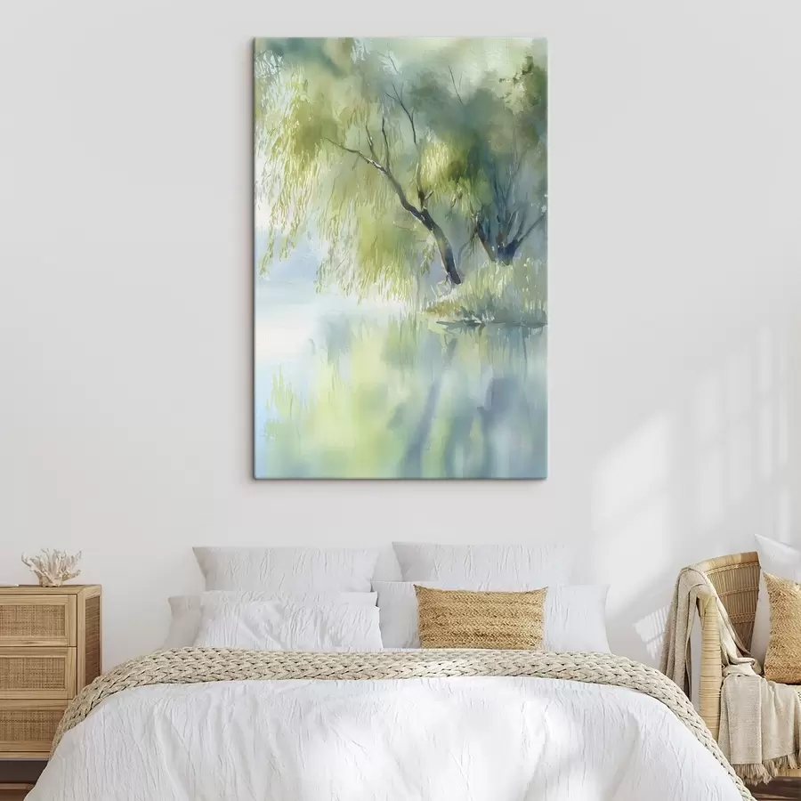 murales árbol de sauce a orillas del lago en estilo acuarela s45715