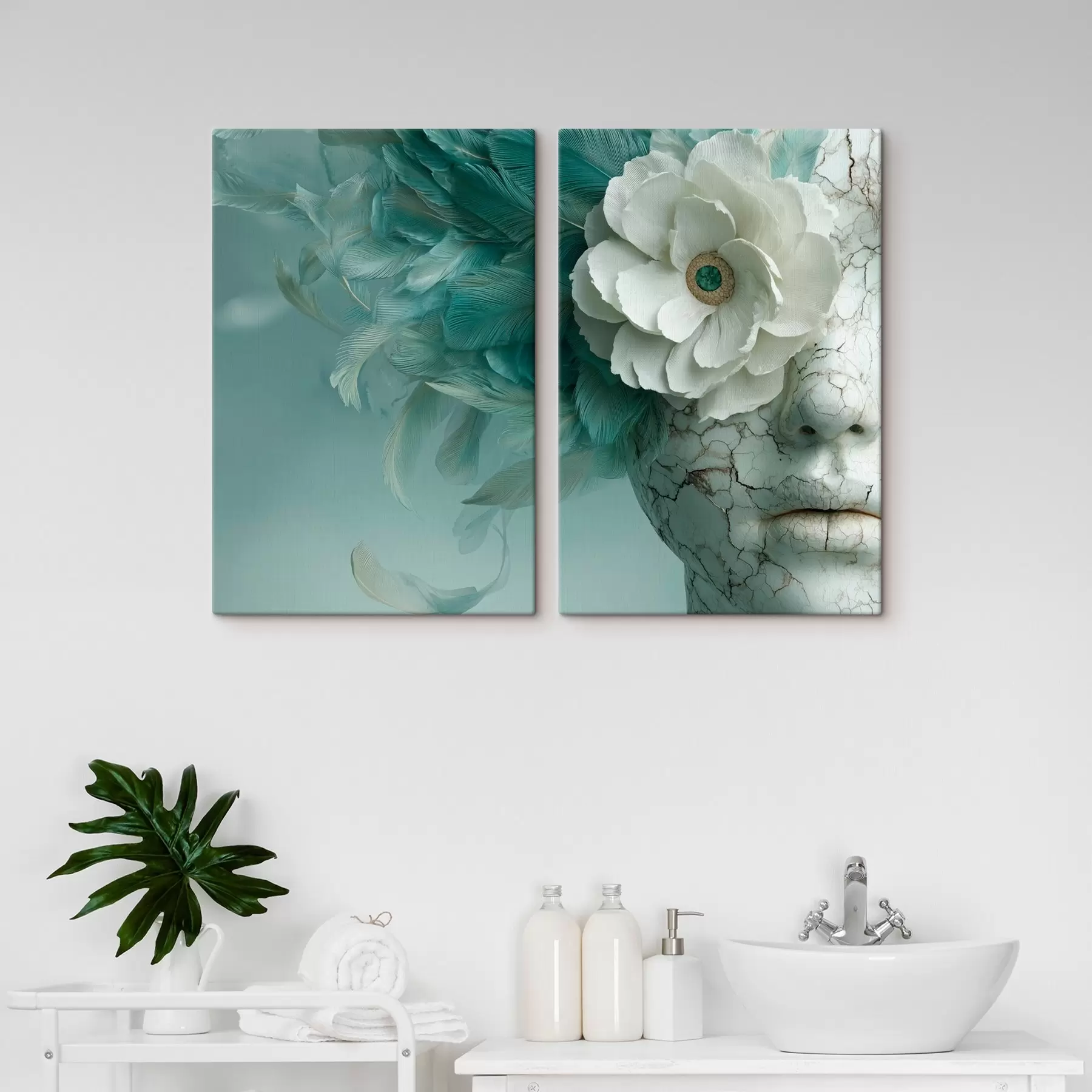 wall murals marble face of a girl with a flower and feathers m00699
