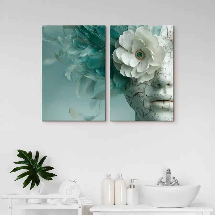 murales rostro de mármol de una niña con una flor y plumas m00699