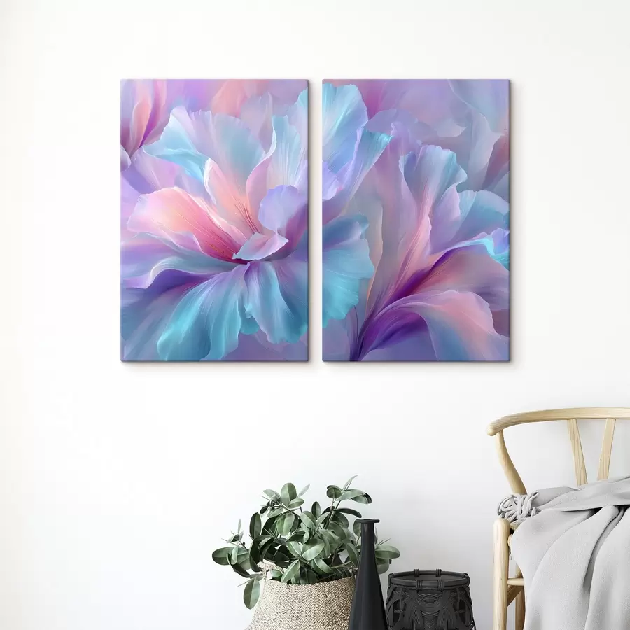 murales una delicada fantasía floral con pétalos en tonos morados, azules y rosados m00700