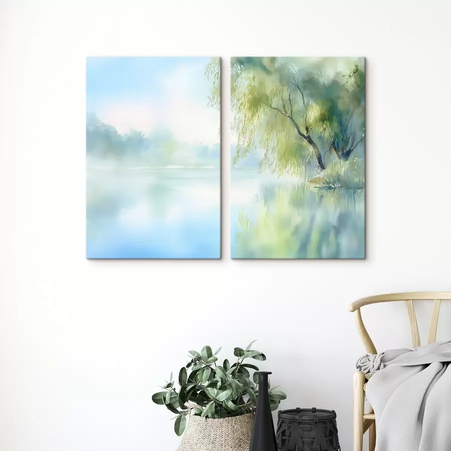 murales árbol de sauce a orillas del lago en estilo acuarela m00702