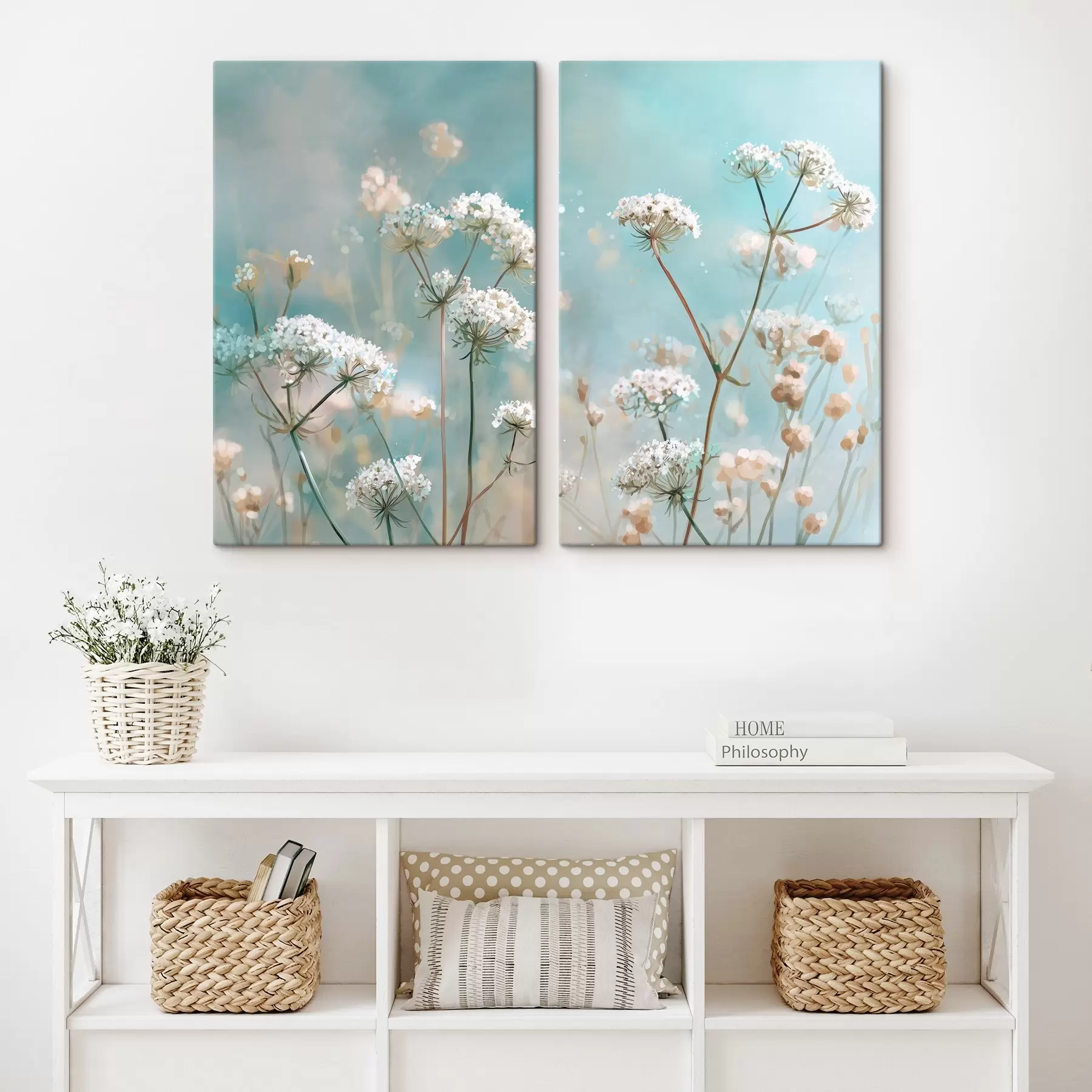 wall murals Queen Anne's Lace flowers in watercolor style on a blue background  m00705