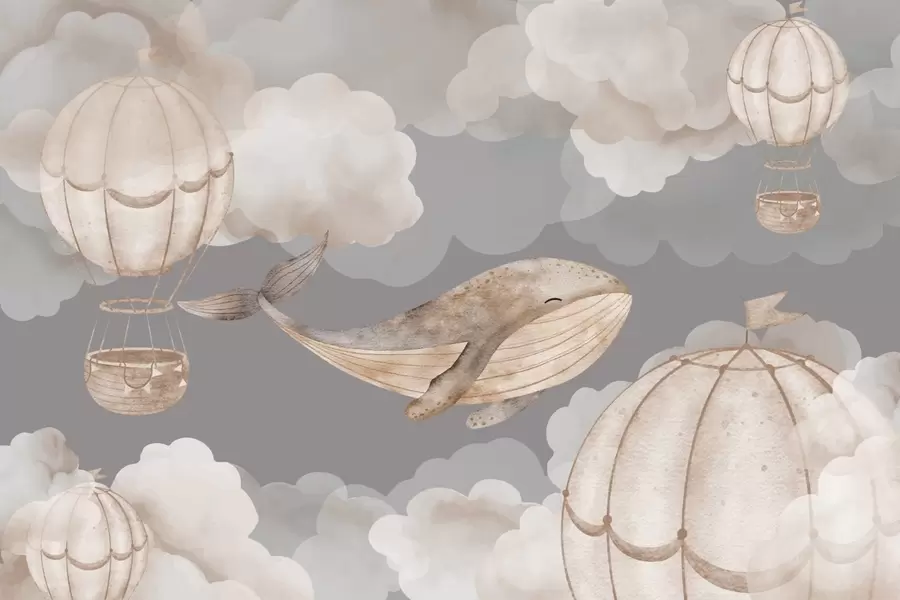 Wall Mural Photo Wallpaper Whale and hot air balloons among soft clouds w04522