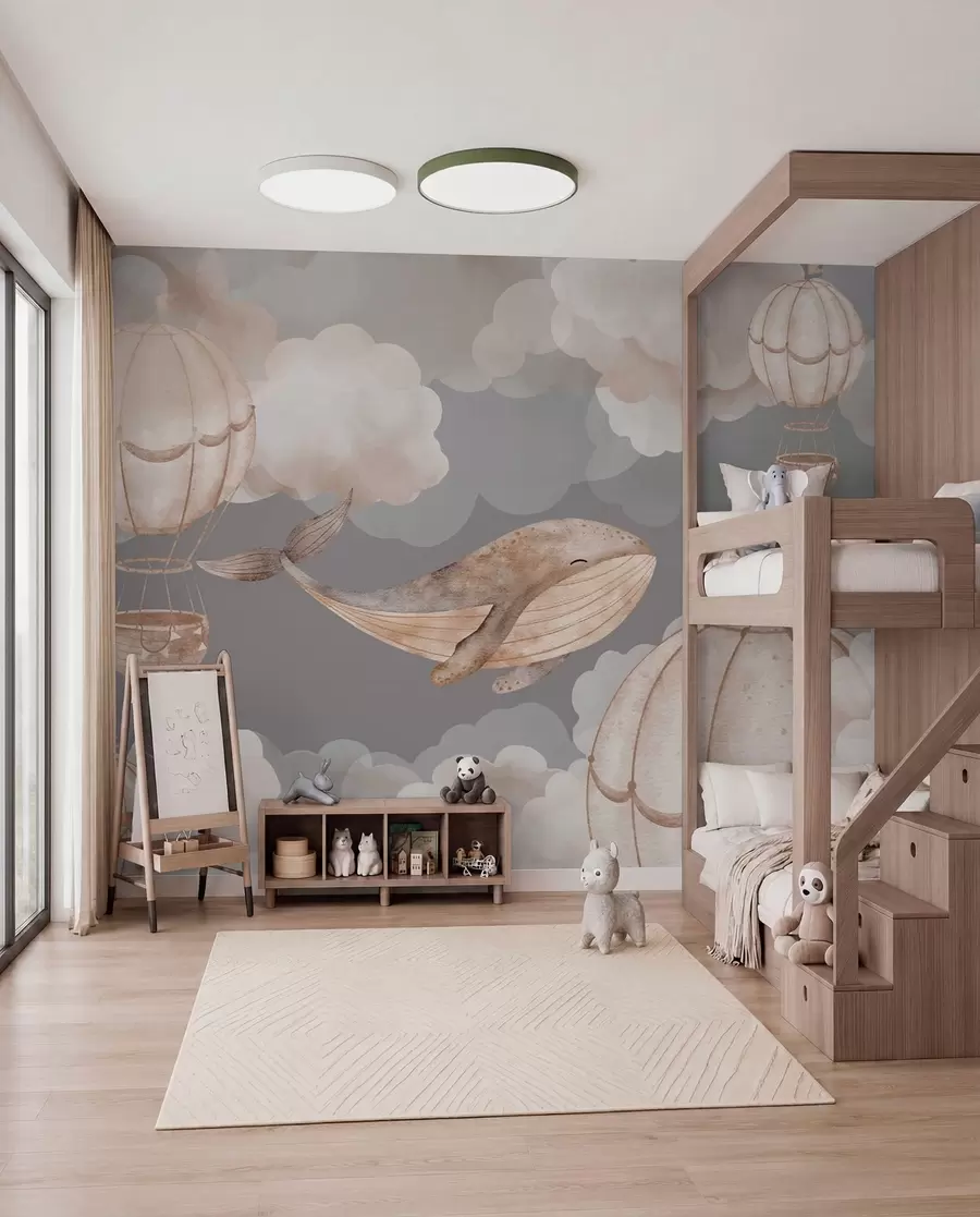peintures murales Baleines et montgolfières parmi les nuages cotonneux w04522