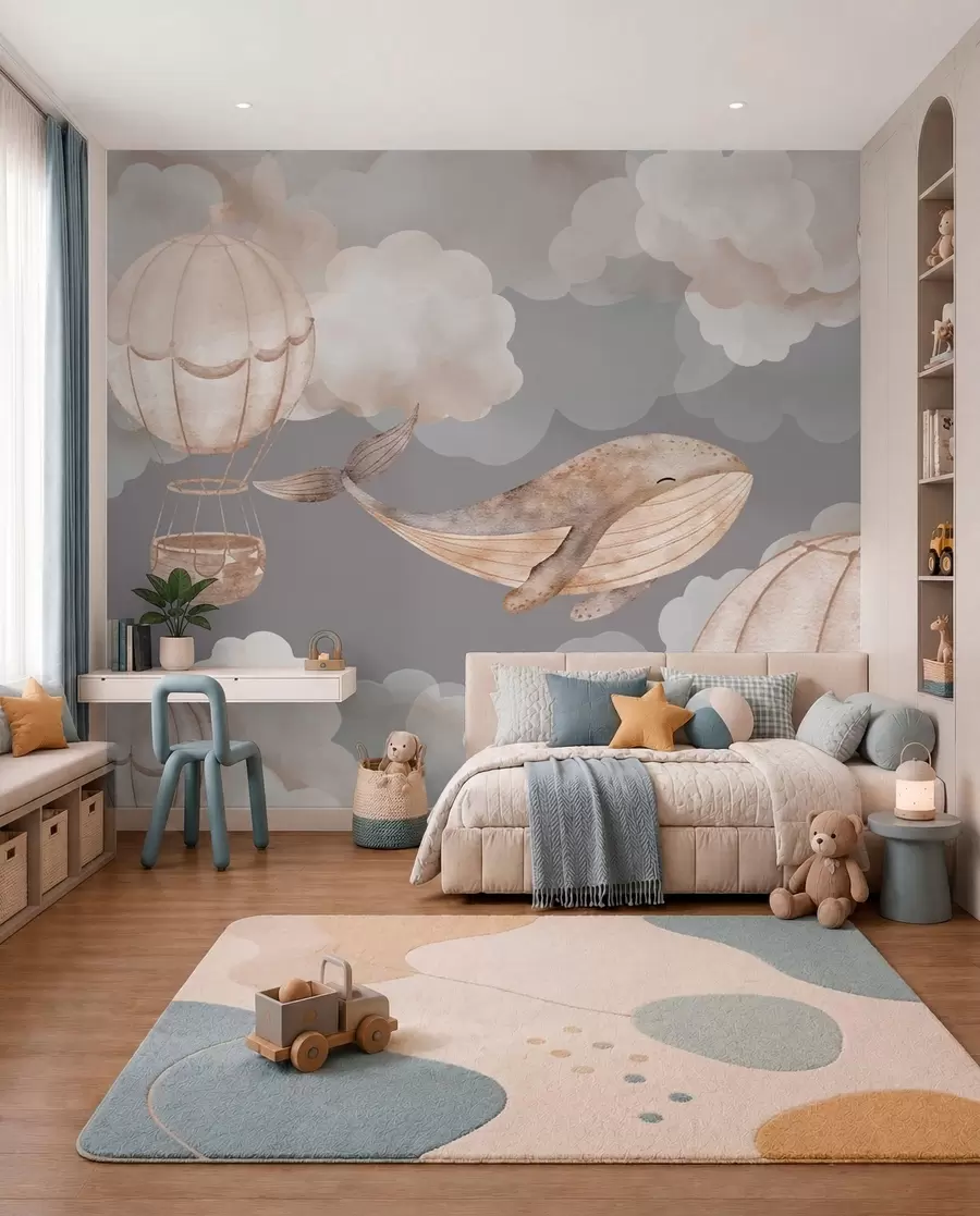 murales Ballenas y globos aerostáticos entre suaves nubes w04522