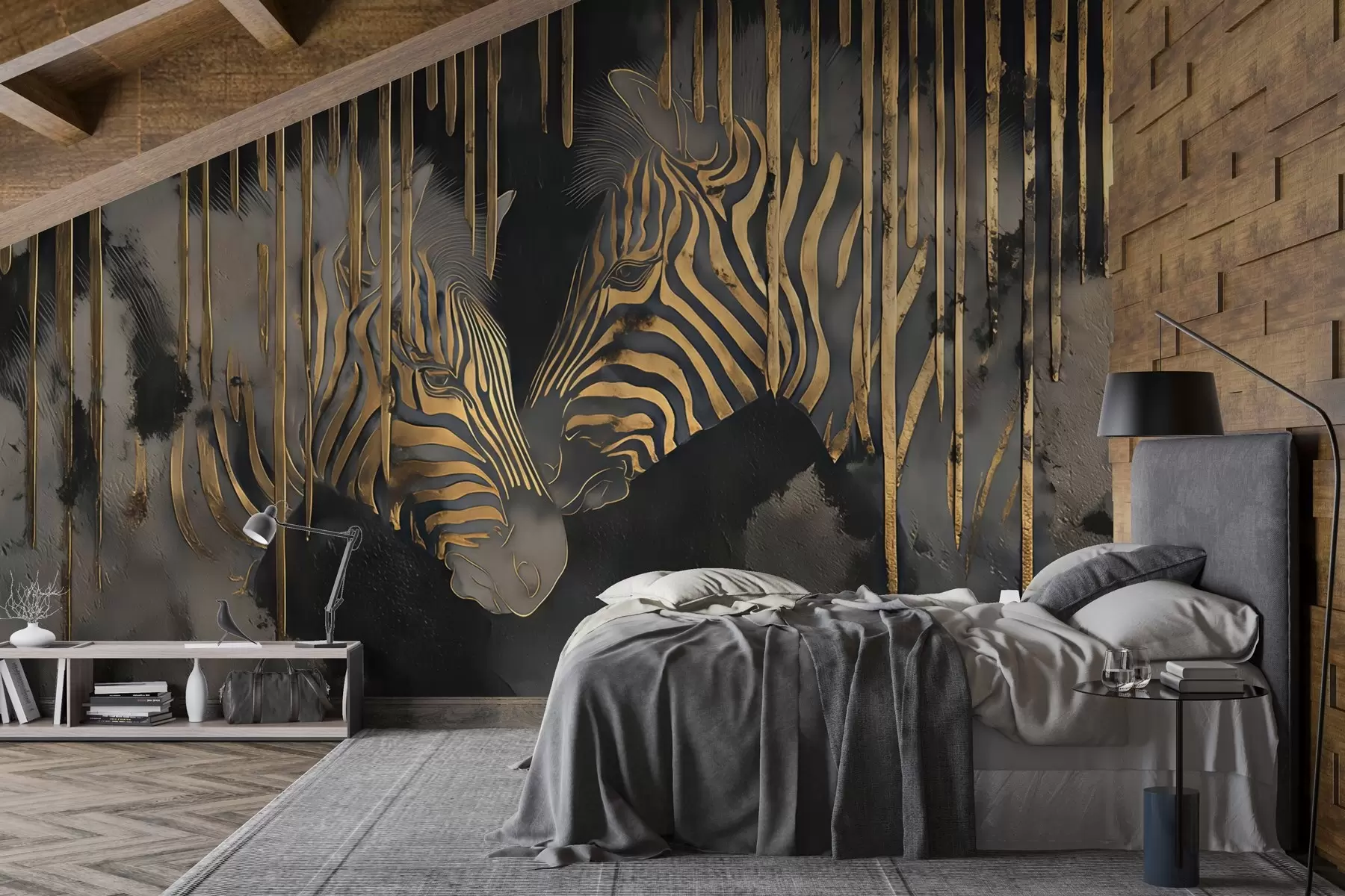 wall murals Zebras with abstract black background w04548