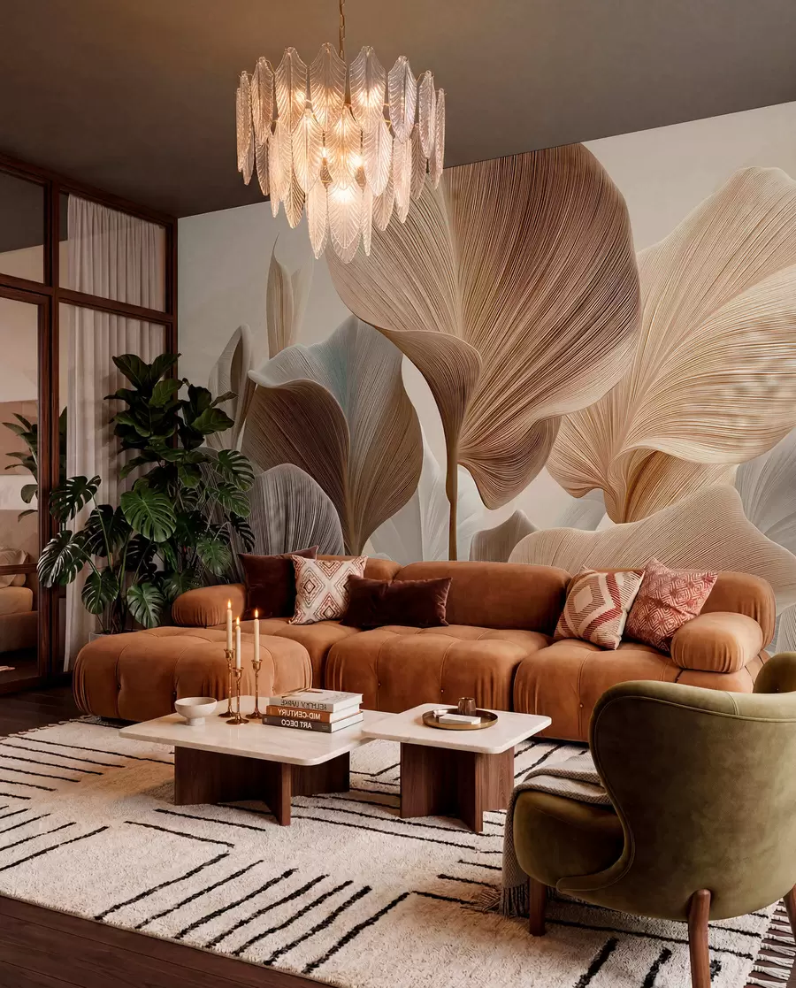 wall murals Elegant beige leaves with fine linear texture w04549