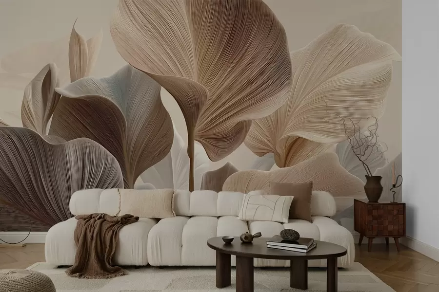 murales Hojas elegantes de color beige con una textura lineal fina w04549