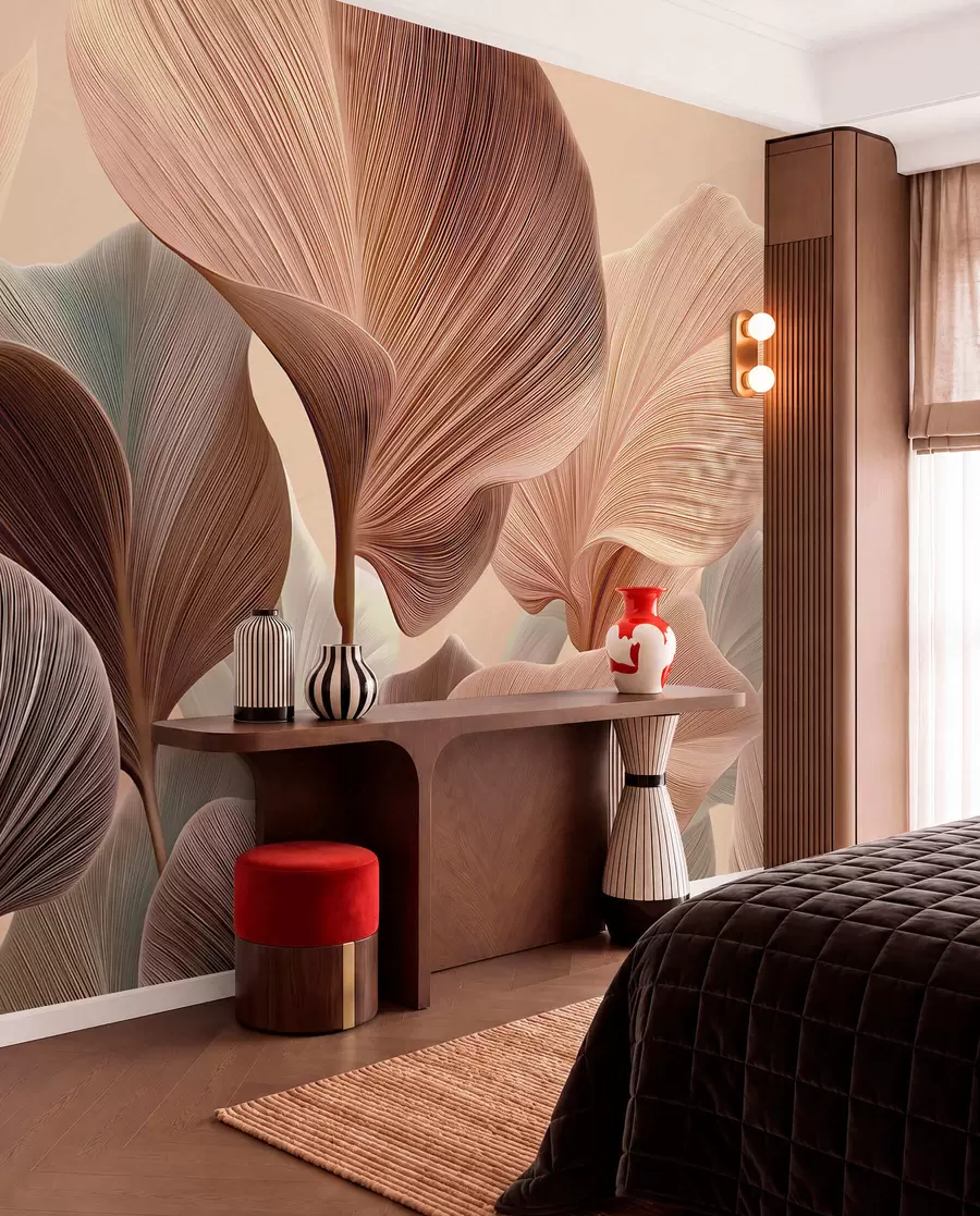 Wall Mural Photo Wallpaper Elegant leaves in warm beige tones w04549v1