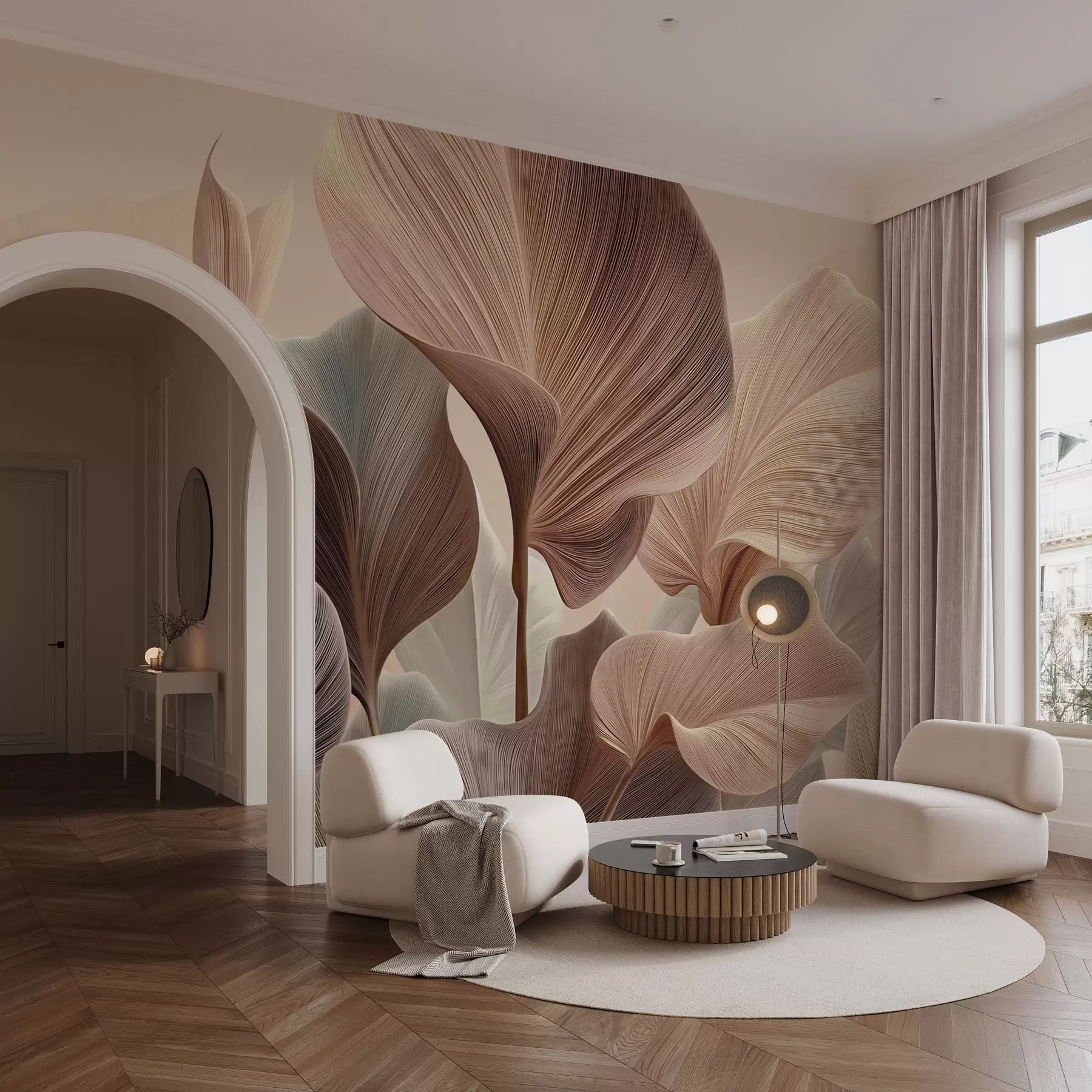 peintures murales Feuilles élégantes dans des tons beiges chauds w04549v1