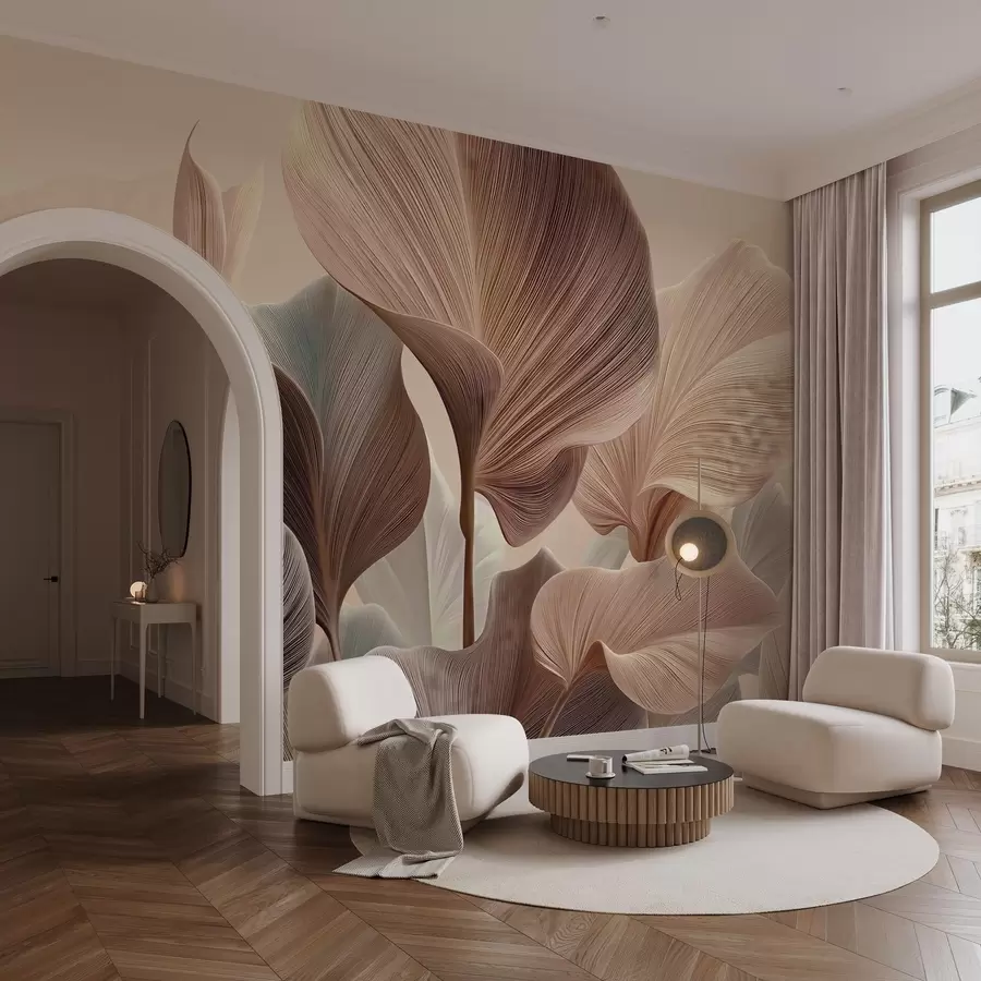 wall murals Elegant leaves in warm beige tones w04549v1