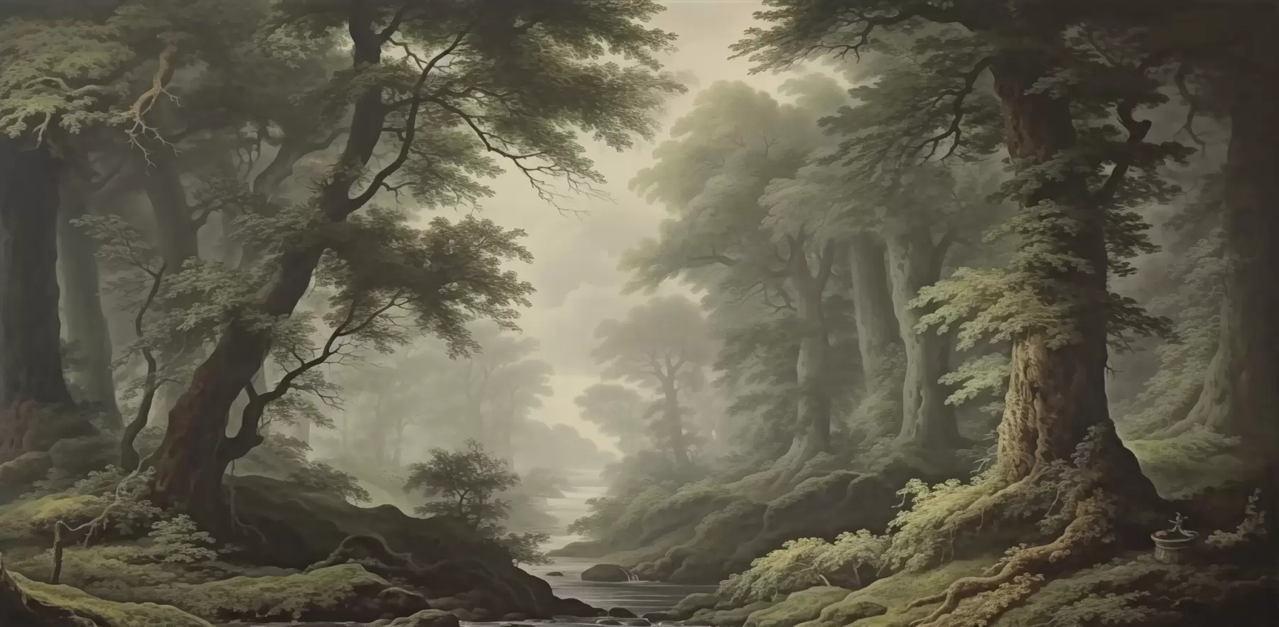murales Bosque brumoso con río y árboles antiguos de gran altura w04555