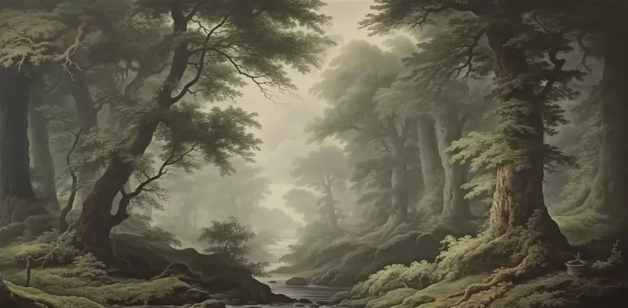 wall murals Misty forest with river and tall ancient trees w04555