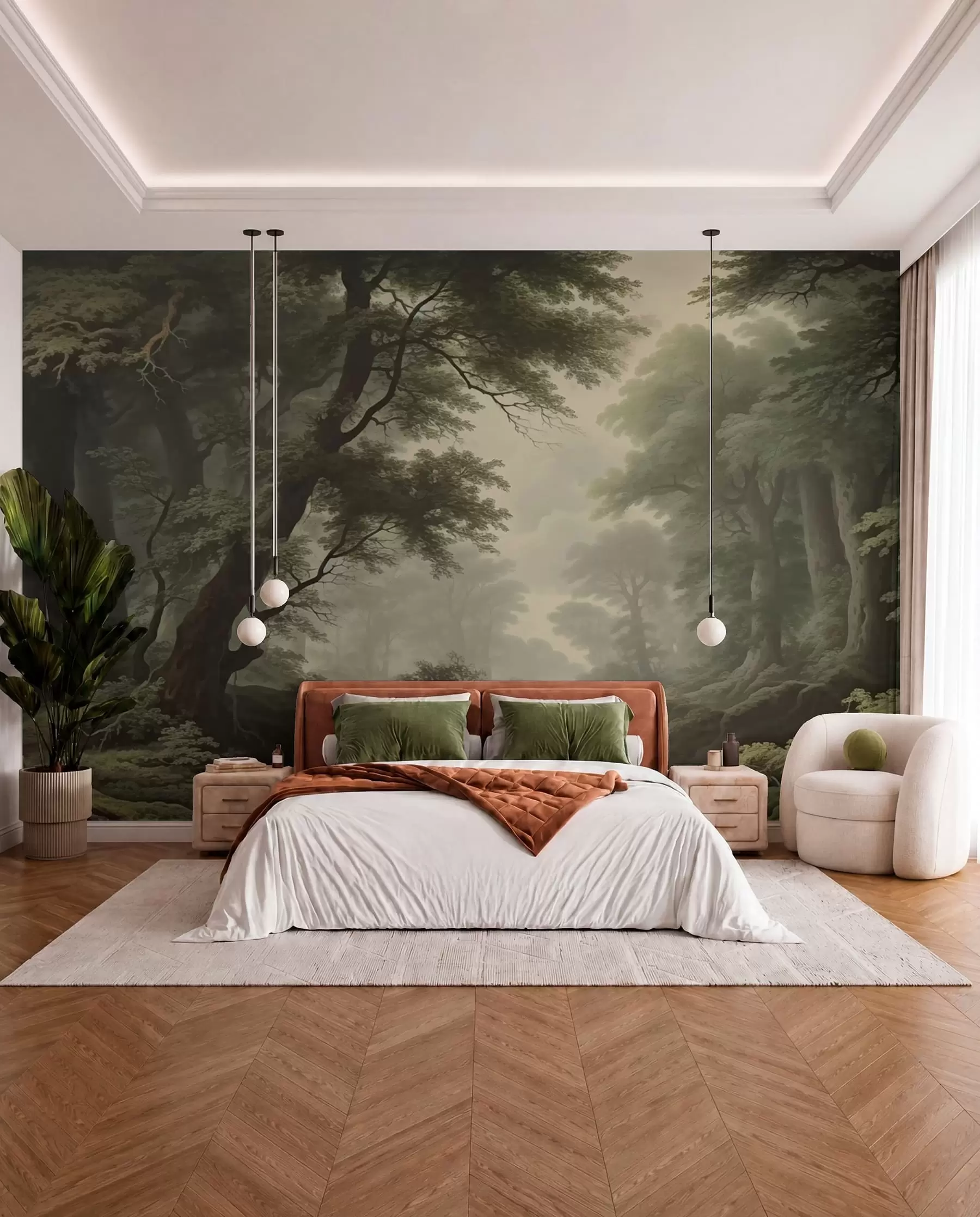 peintures murales Forêt brumeuse avec rivière et grands arbres anciens w04555