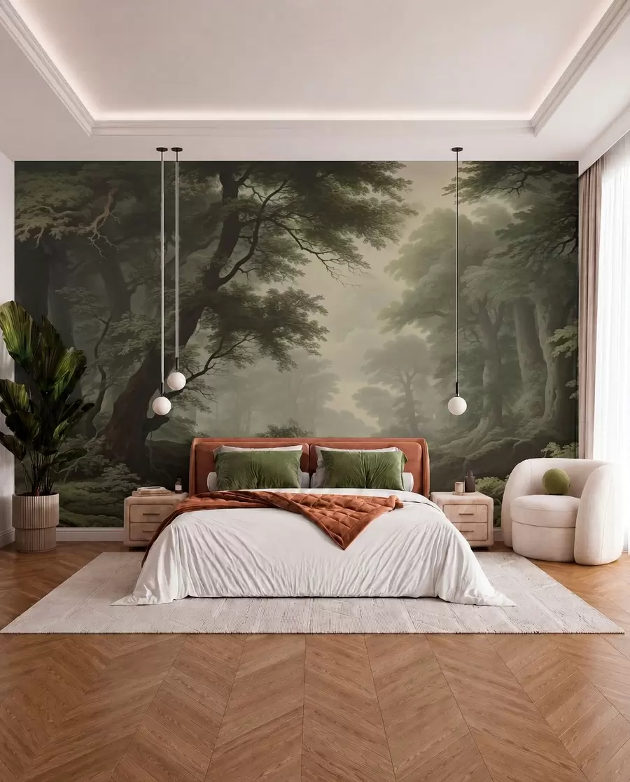peintures murales Forêt brumeuse avec rivière et grands arbres anciens w04555