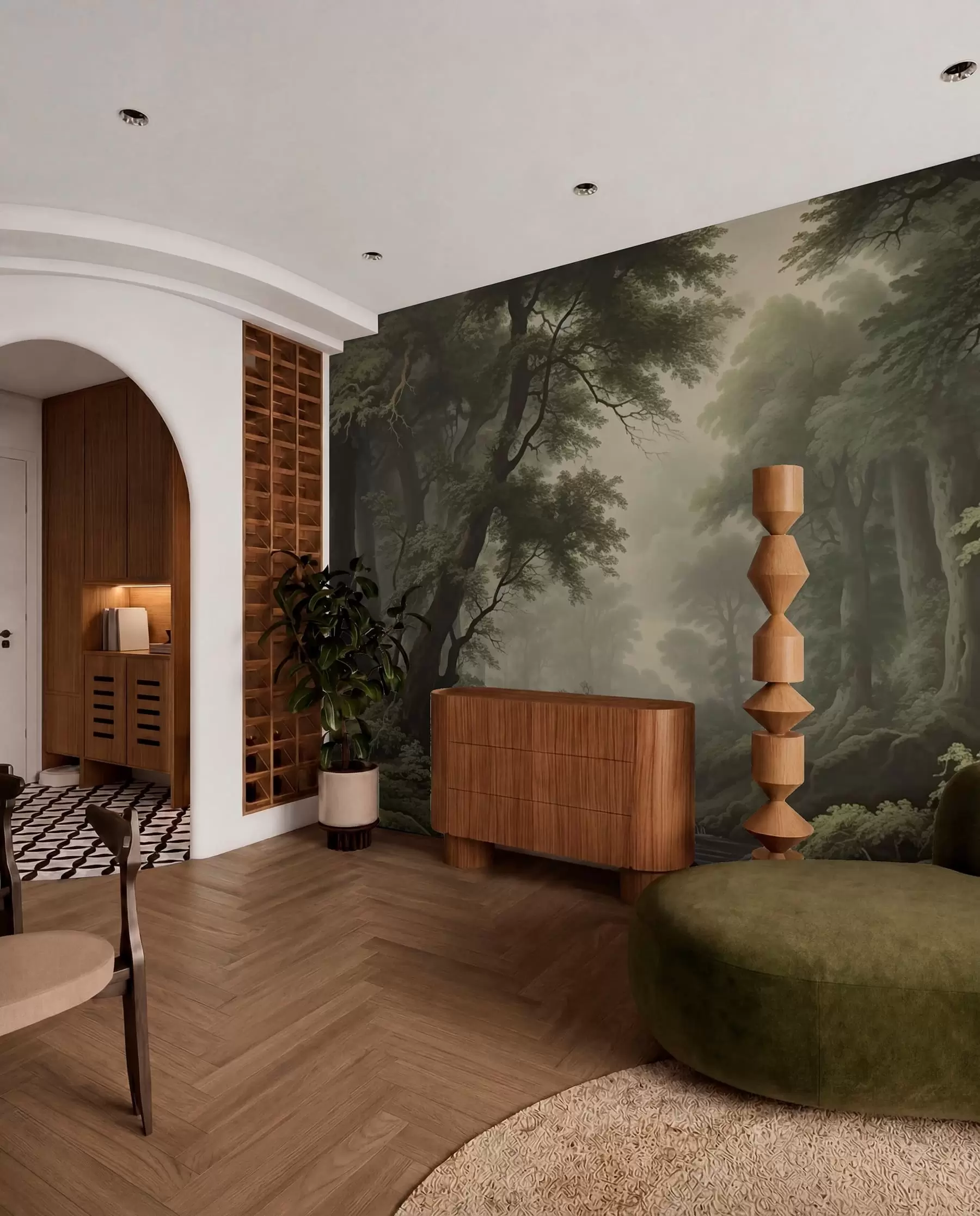 Wall Mural Photo Wallpaper Misty forest with river and tall ancient trees w04555