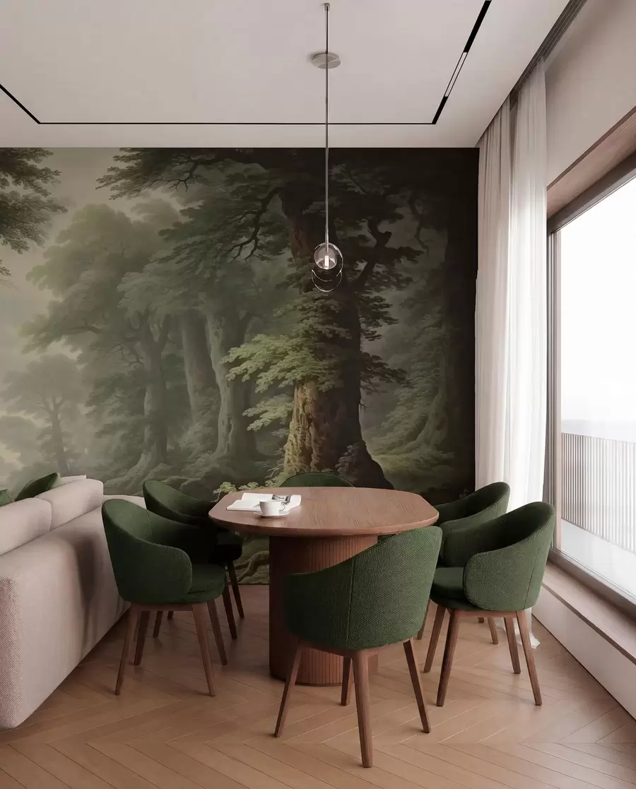 peintures murales Forêt brumeuse avec rivière et grands arbres anciens w04555