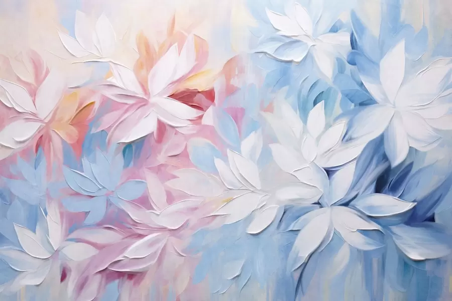 peintures murales Fleurs blanches texturées avec des feuilles roses et bleues, peinture à l'huile de style abstrait, coups de pinceau doux, couleurs pastel w09396